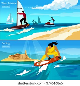 Water extreme and surfing compositions with people  on watercraft surfboard hydrocycle flat vector illustration