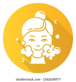 Water face cleanser yellow flat design long shadow glyph icon. Skin care procedure. Facial beauty treatment. Foam and bubbles. Cleansing and moisturizing effect. Vector silhouette illustration