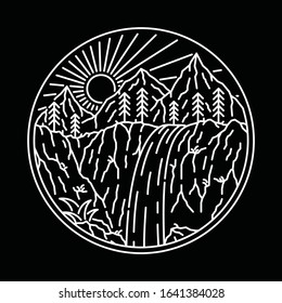 Water Fall Camp Hike Nature Wild Line Graphic Illustration Vector Art T-shirt Design