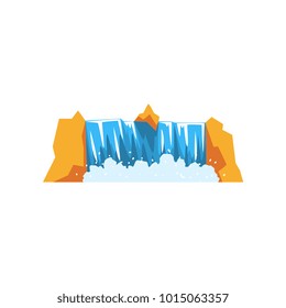 Water falling down from rocky cliff. Cartoon illustration of powerful waterfall. Source of fresh and clean water. Landscape design element. Colorful flat vector