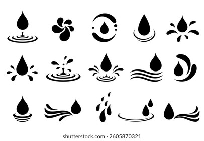Water falling drops, droplets silhouettes, splash wave elements, moisture splatter