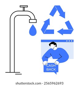 Water faucet with blue droplet Recycling symbol and person holding cashback sign are, prominent Ideal for themes of sustainability environmental awareness water conservation financial incentives