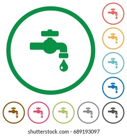 Water faucet with water drop flat color icons in round outlines on white background