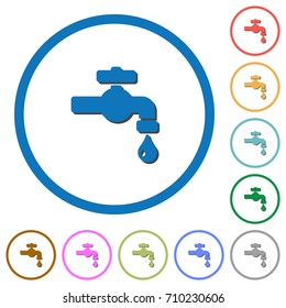 Water faucet with water drop flat color vector icons with shadows in round outlines on white background