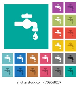 Water faucet with water drop multi colored flat icons on plain square backgrounds. Included white and darker icon variations for hover or active effects.