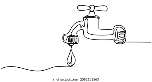 Water faucet with a drop of water one line drawn, Continuous one line drawing of water faucet. One line drawing illustration of tap water. International handwashing day concept line art. Editable pro.