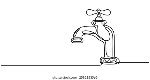 Water faucet with a drop of water one line drawn, Continuous one line drawing of water faucet. One line drawing illustration of tap water. International handwashing day concept line art. Editable pro.