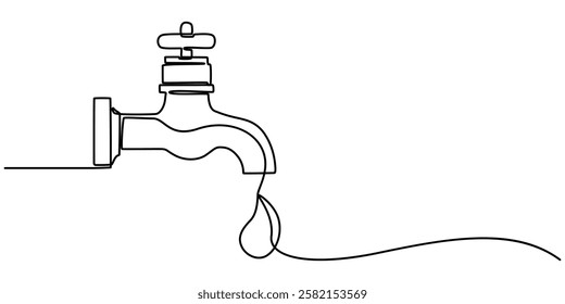 Water faucet with a drop of water one line drawn, Continuous one line drawing of water faucet. One line drawing illustration of tap water. International handwashing day concept line art. Editable pro.