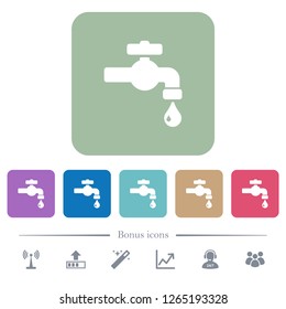 Water faucet with water drop white flat icons on color rounded square backgrounds. 6 bonus icons included
