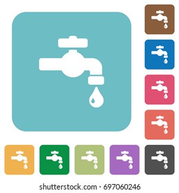 Water faucet with water drop white flat icons on color rounded square backgrounds