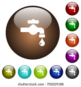 Water faucet with water drop white icons on round color glass buttons
