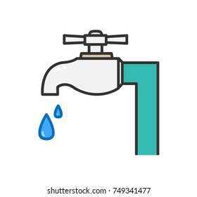 Water Faucet Droplet Icon, a hand drawn vector cartoon illustration of a water faucet dripping water.
