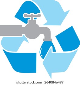 A water faucet with a droplet is overlaid on a recycling symbol, representing water reuse or conservation