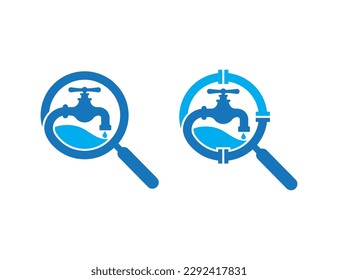 Water Faucet Find Search Logo Concept sign icon symbol Design Element. Repair, Tap, Plumber, Plumbing Service Logotype. Vector illustration template