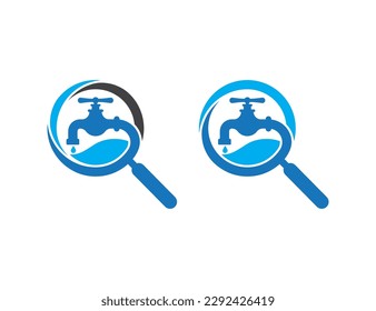 Water Faucet Find Search Logo Concept sign icon symbol Design Element. Repair, Plumber, Tap, Plumbing Service Logotype. Vector illustration template