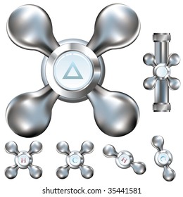 Water faucet handles with stainless steel texture.  Set includes pipe connections and several types of hot and cold symbols.