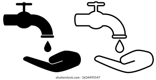 water faucet icon with hands up, flat style pictogram icon for ui or ux mobile app, vector illustration logo symbol design, isolated on white