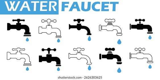 Water Faucet Icon Set. Water Faucet vector, Plumbing, Leak, Drip, Sink, Pipe vector icon. Water Faucet for graphic and web design. vector illustration.