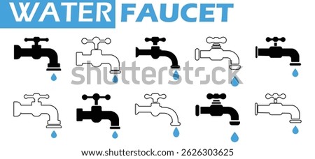 Water Faucet Icon Set. Water Faucet vector, Plumbing, Leak, Drip, Sink, Pipe vector icon. Water Faucet for graphic and web design. vector illustration.