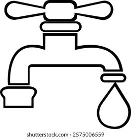 water faucet icon.line art illustration with dripping droplets on white background for graphic.Water tap with flowing water in one line art style.Drinking water company symbol for apps and websites.