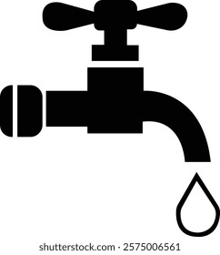water faucet icon.line art illustration with dripping droplets on white background for graphic.Water tap with flowing water in one line art style.Drinking water company symbol for apps and websites.