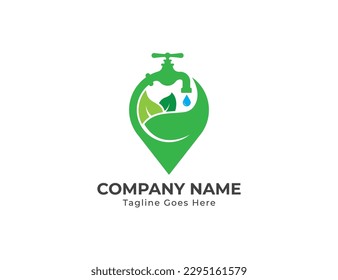 Water Faucet with Leaf and Pin Map Location Plumbing Logo Concept sign icon symbol Design Element. Repair, Plumber, Tap, Plumbing Service Logotype. Vector illustration template
