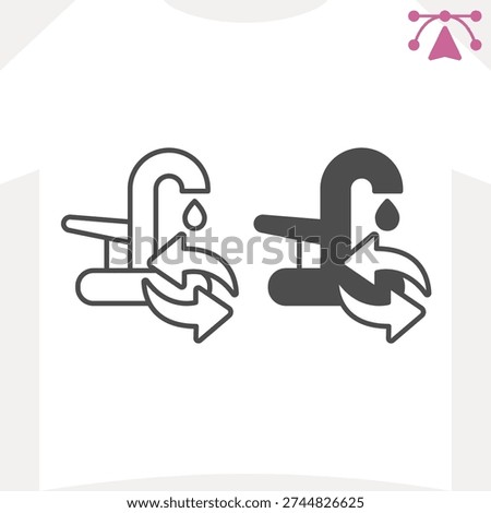 Water faucet leak line and solid icon, renovation concept. Vector graphics. Fauset tap with drop, arrows indicating water supply sign and editable stroke, outline style icon for mobile or web design