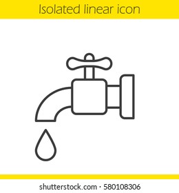 Water faucet linear icon. Tap thin line illustration. Open faucet with water drop contour symbol. Vector isolated outline drawing