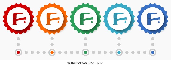 Water faucet, modern tap vector icon set, colorful infographic template, set of flat design badge icons in 5 color options
