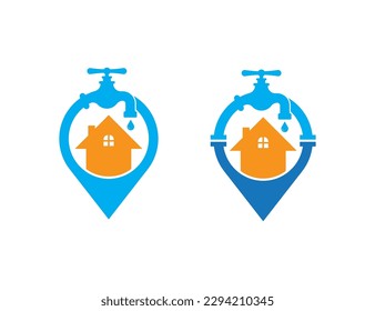 Water Faucet with Pin Map Location Home Plumbing Logo Concept sign icon symbol Design Element. Repair, Plumber, Tap, Plumbing Service Logotype. Vector illustration template