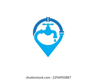 Water Faucet with Pin Map Location Plumbing Logo Concept symbol icon sign Design Element. Repair, Plumber, Tap, Plumbing Service Logotype. Vector illustration template
