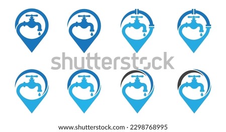 Water Faucet with Pin Map Location Plumbing Logo Concept icon sign symbol Design Element. Point, Plumber, Tap, Plumbing Service Logotype. Vector illustration template