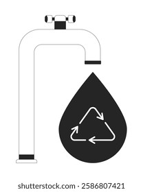 Water faucet with recycling symbol black and white 2D line object. Waterdrop arrows recycle. Resource sustainability. Tap droplet isolated clip art vector outline item. Monochromatic spot illustration