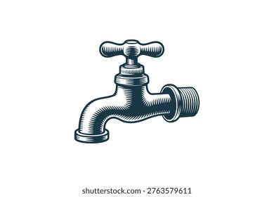 Water faucet retro style vector illustration, vintage plumbing tap, old-fashioned spigot design.