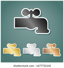 Water faucet sign illustration. Set of metallic Icons with gray, gold, silver and bronze gradient with white contour and shadow at viridan background. Illustration.