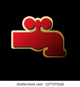 Water faucet sign illustration. Vector. Red icon with small black and limitless shadows at golden sticker on black background.