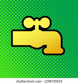 Water faucet sign illustration. Vector. Pop art orange to yellow dots-gradient icon with black contour at greenish background.