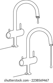 Water faucet. Faucet for technical and drinking water. Faucet for pouring filtered water. Continuous line drawing. Vector illustration