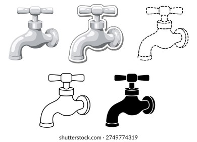 Water faucet vector illustration set, plumbing tap icons including realistic shaded, silhouette, line art, and sticker versions for home improvement, plumbing services, and construction projects.