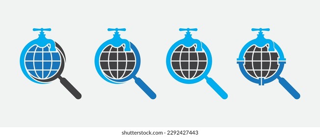 Water Faucet Web Global Search Find Logo Concept sign icon symbol Design Element. Repair, Plumber, Tap, Plumbing Service Logotype. Vector illustration template