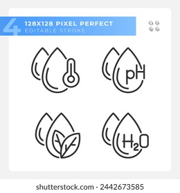 Water features linear icons set. Temperature and ph balance. Molecular structure of water. Customizable thin line symbols. Isolated vector outline illustrations. Editable stroke. Pixel perfect