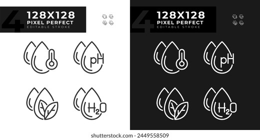 Water features linear icons set for dark, light mode. Temperature and ph balance. Molecular structure. Thin line symbols for night, day theme. Isolated illustrations. Editable stroke. Pixel perfect