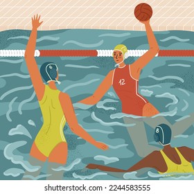 Water female players in action concept vector illustration. Women's swimming and water sports. Water polo team play game in tournament. Athlete attack goalkeeper with a ball