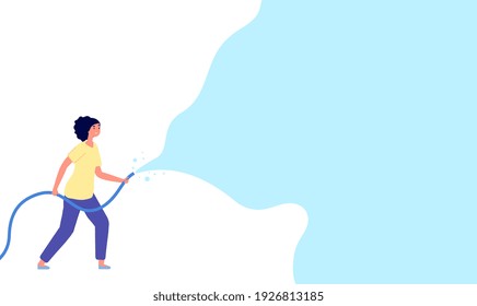 Water festival banner. Songkran party, woman watering with hose. Summer gardening time, splash poster. Seasonal activity utter vector background