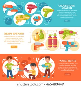  Water fights horizontal flat banners set with water guns isolated vector illustration 