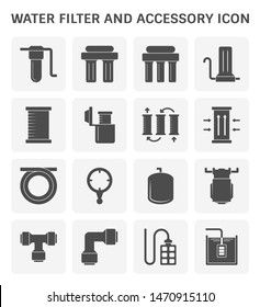 Water filter and accessory such as strainer, cartridge, wrench, pressure tank, diaphragm water pump, pipe fitting, foot valve and water tank vector icon set design, expand line icon.