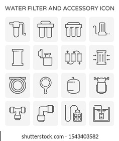 Water filter and accessory such as strainer, cartridge, wrench, pressure tank, diaphragm water pump, pipe fitting, foot valve and water tank vector icon set design, editable line stroke icon.