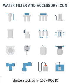 Water filter and accessory such as strainer, cartridge, wrench, pressure tank, diaphragm water pump, pipe fitting, foot valve and water tank vector icon set design, expand line icon.
