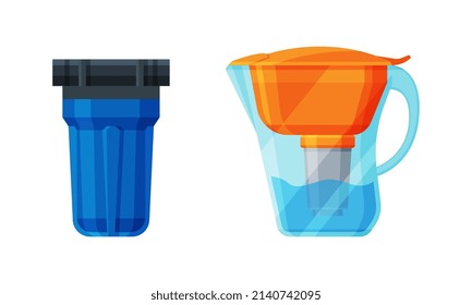 Water Filter Cartridge with Fine Physical Barrier for Lowering Contamination of Drinking Water and Pitcher Vector Set