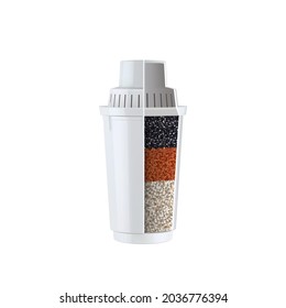 Water Filter Cartridge Layers For Cleanse Vector. Blank Cartridge With Charcoal, Sieving, Adsorption, Ion Exchange And Biofilms. Cylinder For Preparing Clean Liquid Template Realistic 3d Illustration